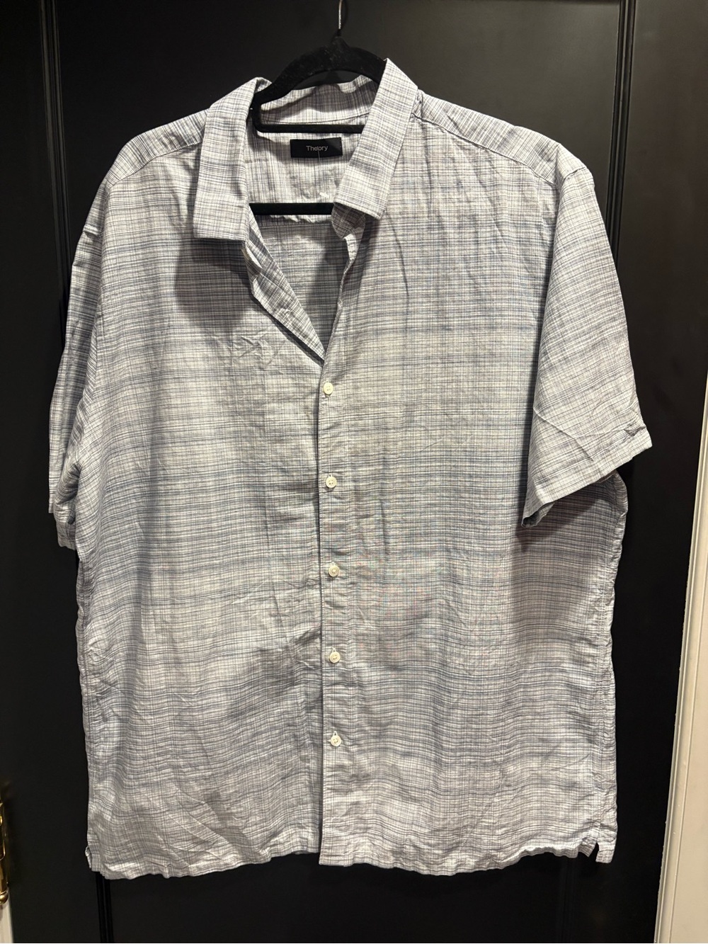 Theory Men's Light Blue Short-Sleeve Button Down Stripe linen blend xxl